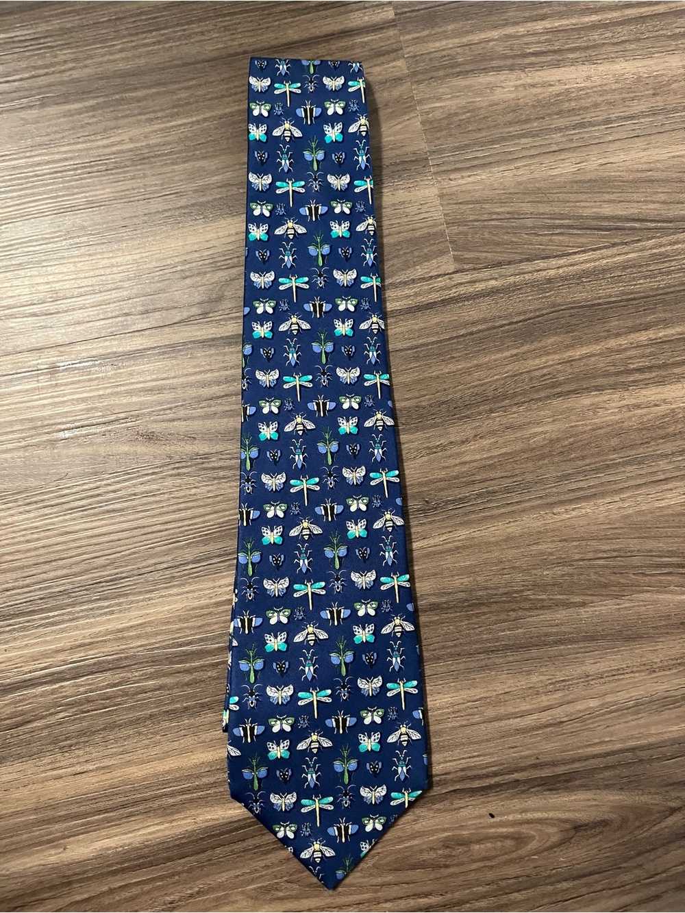 Salvatore Ferragamo Navy Silk Tie with Blue and Green butterfly dragonfly Motif